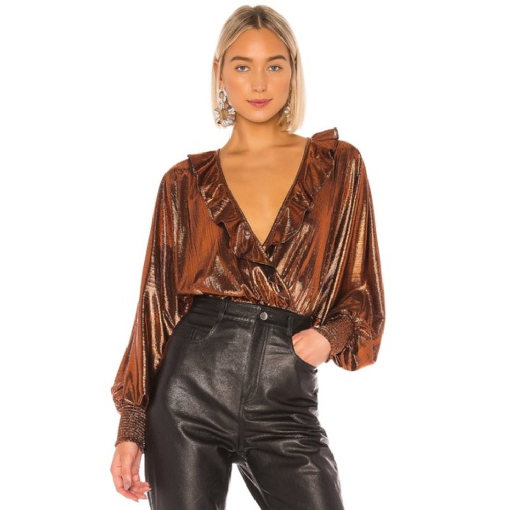 RETROFETE Fiona Metallic Ruffle Bodysuit Rust SMALL $250 Plunge Puff Sleeve